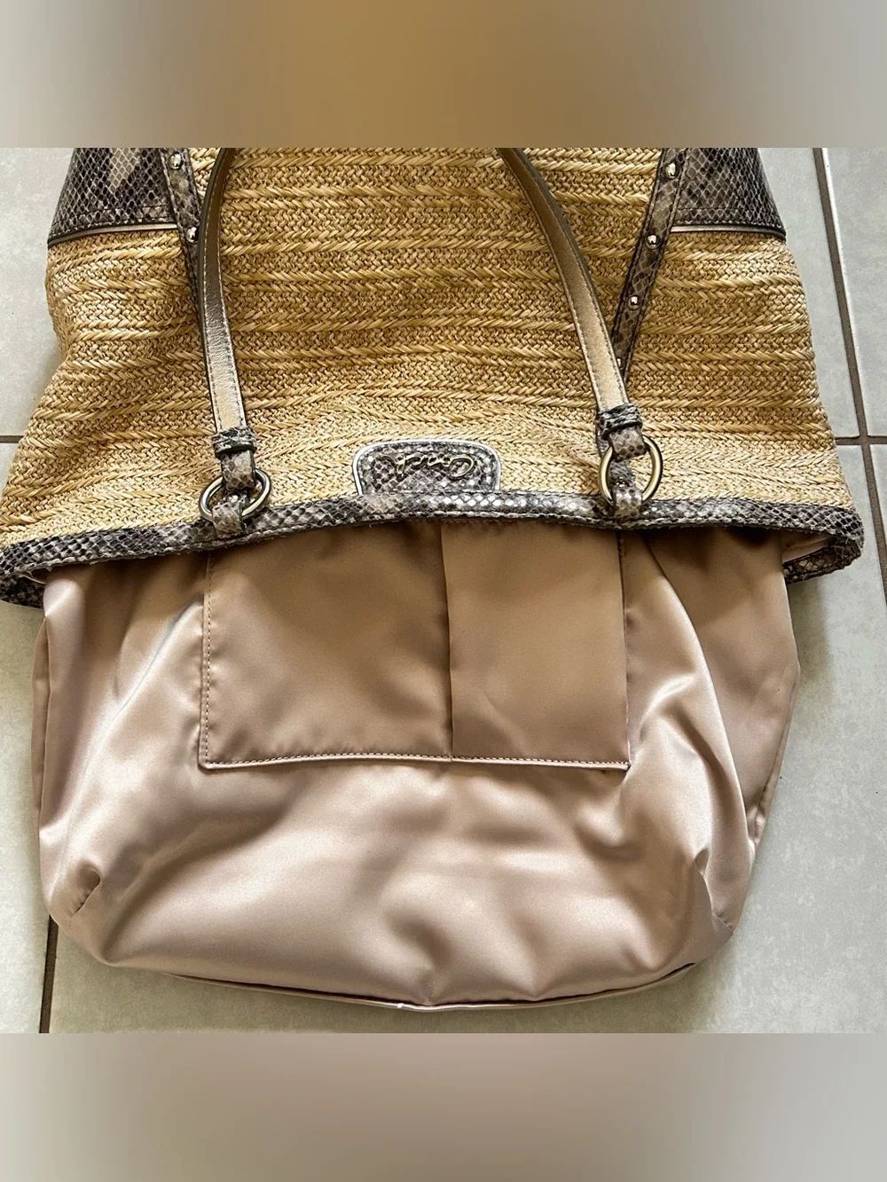 COACH EUC Alexandra straw tote with python leather trim